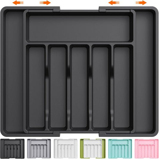 Expandable Silverware Drawer Organizer - Large BPA-Free Utensil Tray for Kitchen, Adjustable Cutlery Storage in Sleek Black