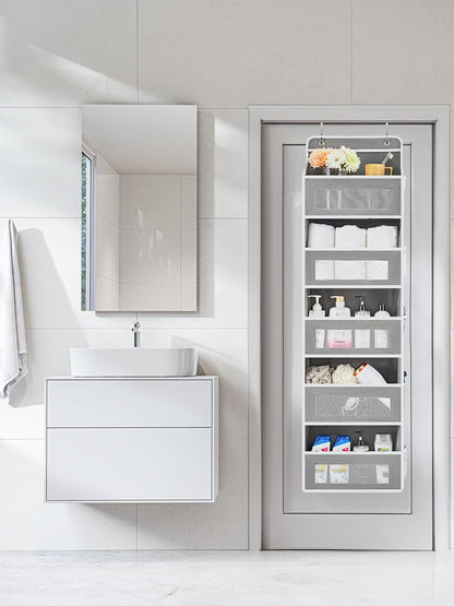 Maximize Space with  Over the Door Organizer - 5 Shelf Hanging Storage with 5 Large Pockets, Anti-Tilt Design, Perfect for Bedroom, Bathroom, Pantry, Nursery (Grey)