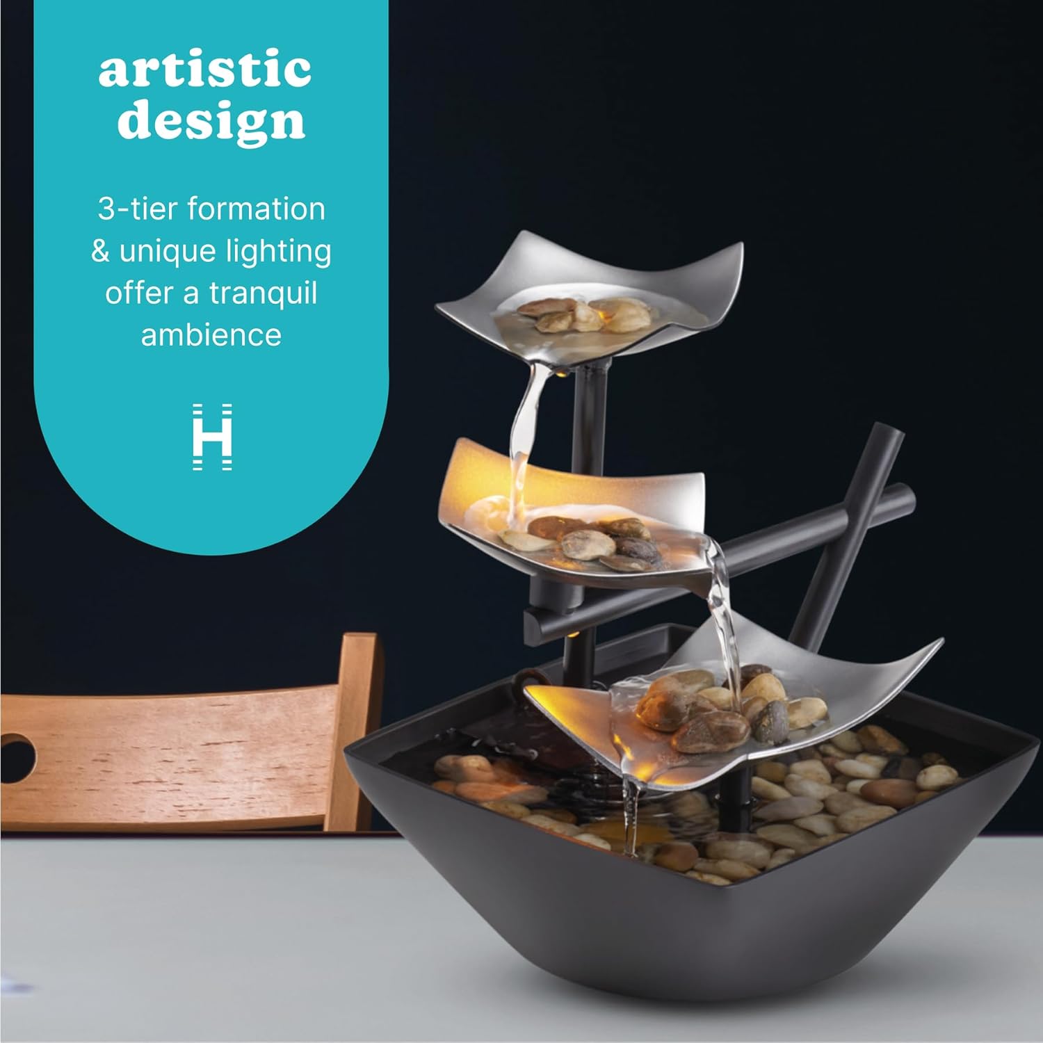 8.25” Tabletop Water Fountain - Soothing Sound Machine for Zen Relaxation in Any Room with Automatic Pump & Natural River Rocks