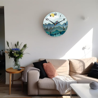 Stylish 10-Inch Silent Wall Clock - Non-Ticking Battery Operated Home Decor for Any Room (Abstract Mountain Sun Design)