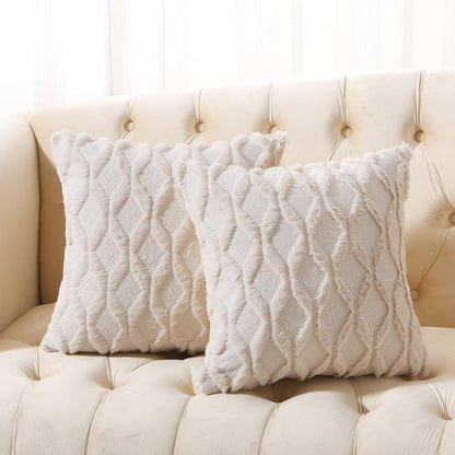 Set of 2 Decorative Faux Wool Throw Pillow Covers - 20x20 Inches Soft Plush Velvet Cushion Cases with Embroidery & Geometric Design - Cozy Beige Farmhouse Boho Style