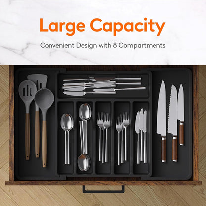 Expandable Silverware Drawer Organizer - Large BPA-Free Utensil Tray for Kitchen, Adjustable Cutlery Storage in Sleek Black