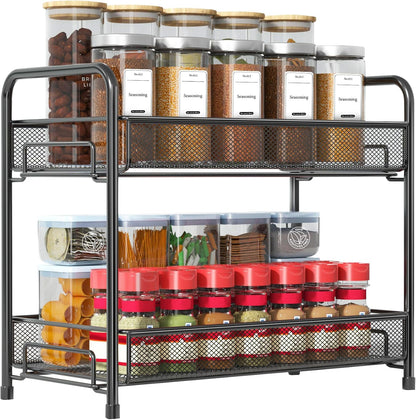 2-Tier Foldable Spice Rack Organizer - Rust-Proof Metal Seasoning Shelf with Guardrail & Mesh Design for Kitchen, Bathroom, Living Room, and Pantry - Sleek Black Finish