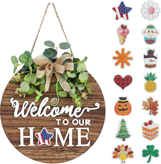 Seasonal Interchangeable Welcome Sign - Rustic Round Wood Wreath for All Occasions, Perfect for Home Decor, Porch, and Front Door!