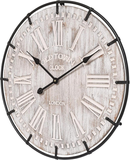 Rustic 24-Inch Farmhouse Wall Clock - Antique Wood & Metal Design with Large Engraved Numerals, Silent Battery Operated for Office, Kitchen, Bedroom & Living Room