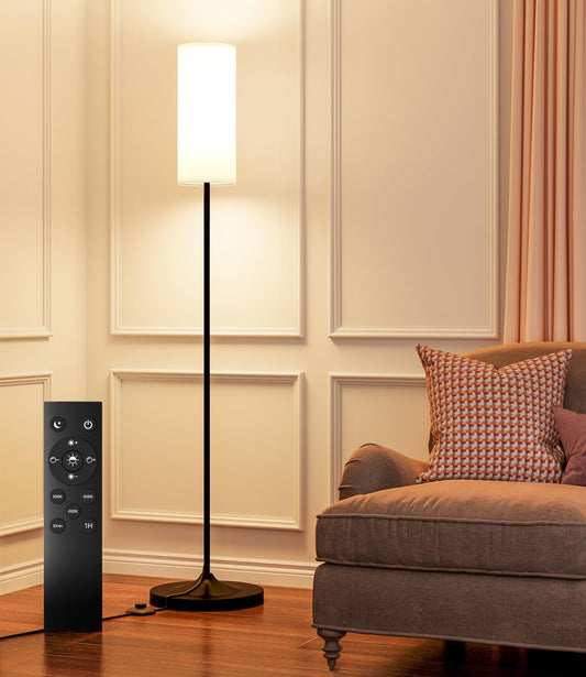 Dimmable LED Floor Lamp with Remote & Foot Switch - Custom Color Temperature Black Pole Lamp for Living Room, Bedroom, Office & Kids Room - 12W Tall Lampshade Included