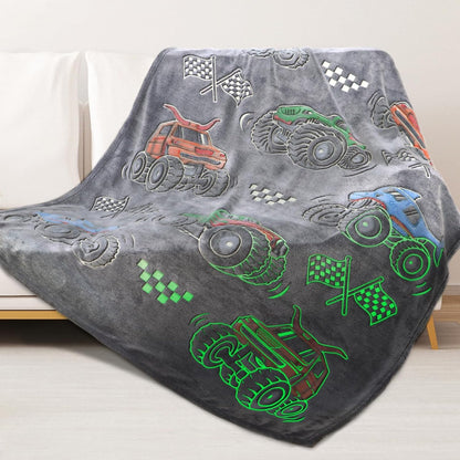 Glow in the Dark Truck Car Toys Blanket - Soft Fleece Cartoon Tractor Throw for Kids' Room Decor
