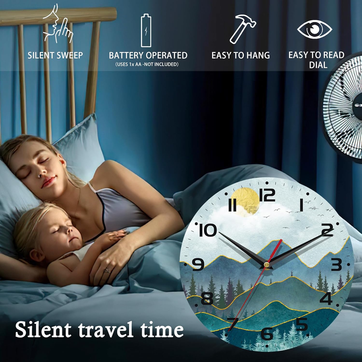 Stylish 10-Inch Silent Wall Clock - Non-Ticking Battery Operated Home Decor for Any Room (Abstract Mountain Sun Design)