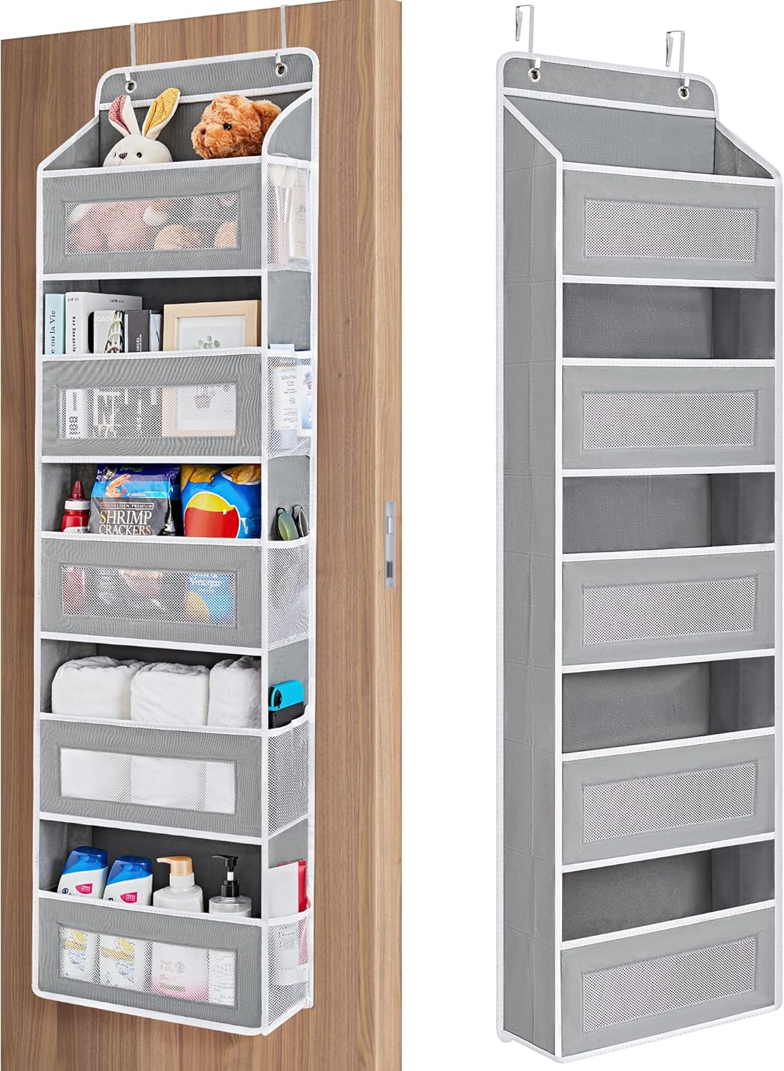 Maximize Space with  Over the Door Organizer - 5 Shelf Hanging Storage with 5 Large Pockets, Anti-Tilt Design, Perfect for Bedroom, Bathroom, Pantry, Nursery (Grey)