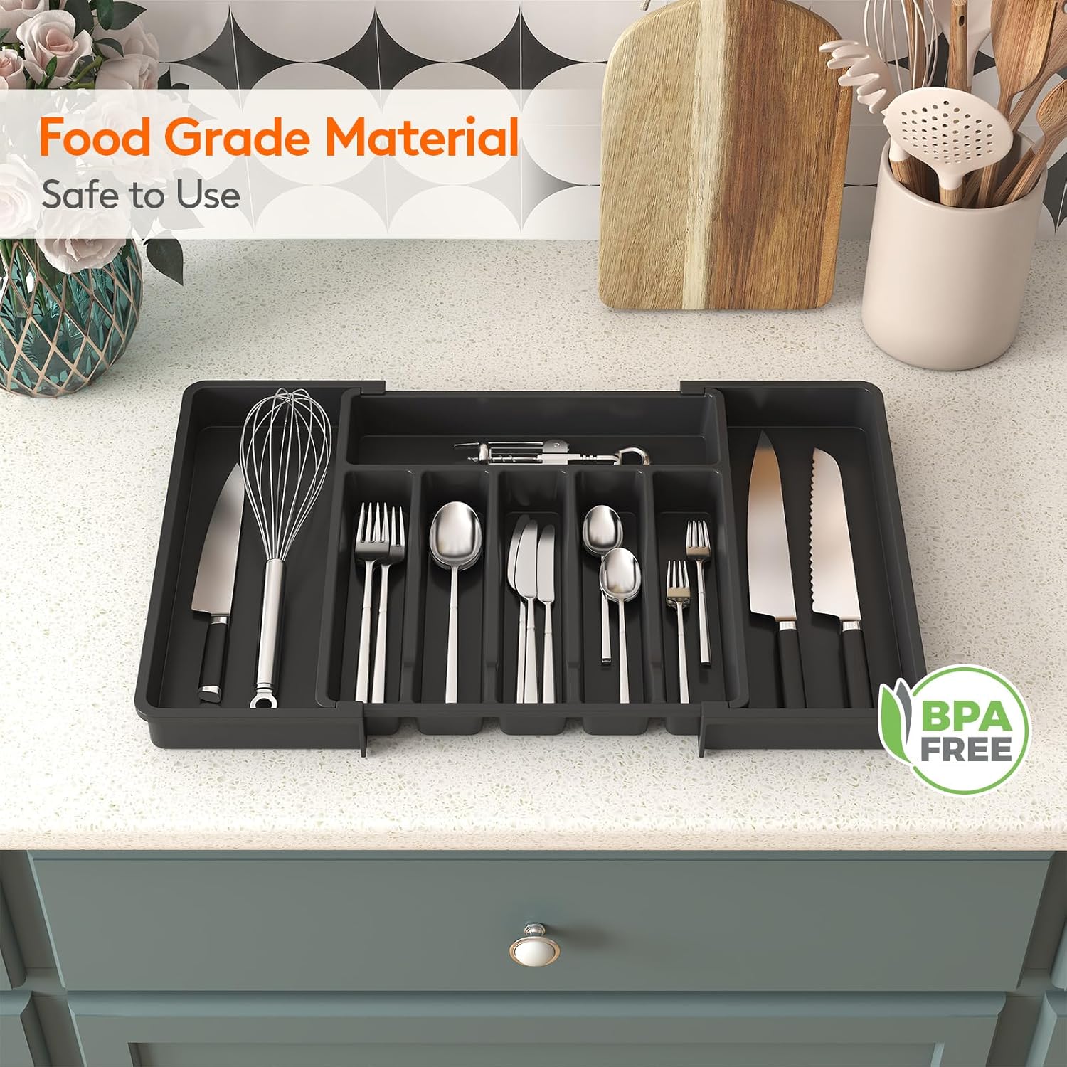 Expandable Silverware Drawer Organizer - Large BPA-Free Utensil Tray for Kitchen, Adjustable Cutlery Storage in Sleek Black