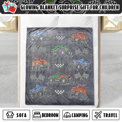 Glow in the Dark Truck Car Toys Blanket - Soft Fleece Cartoon Tractor Throw for Kids' Room Decor