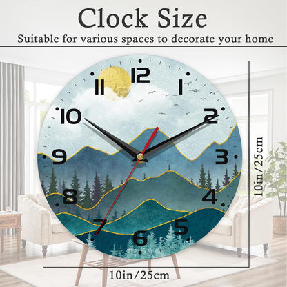 Stylish 10-Inch Silent Wall Clock - Non-Ticking Battery Operated Home Decor for Any Room (Abstract Mountain Sun Design)