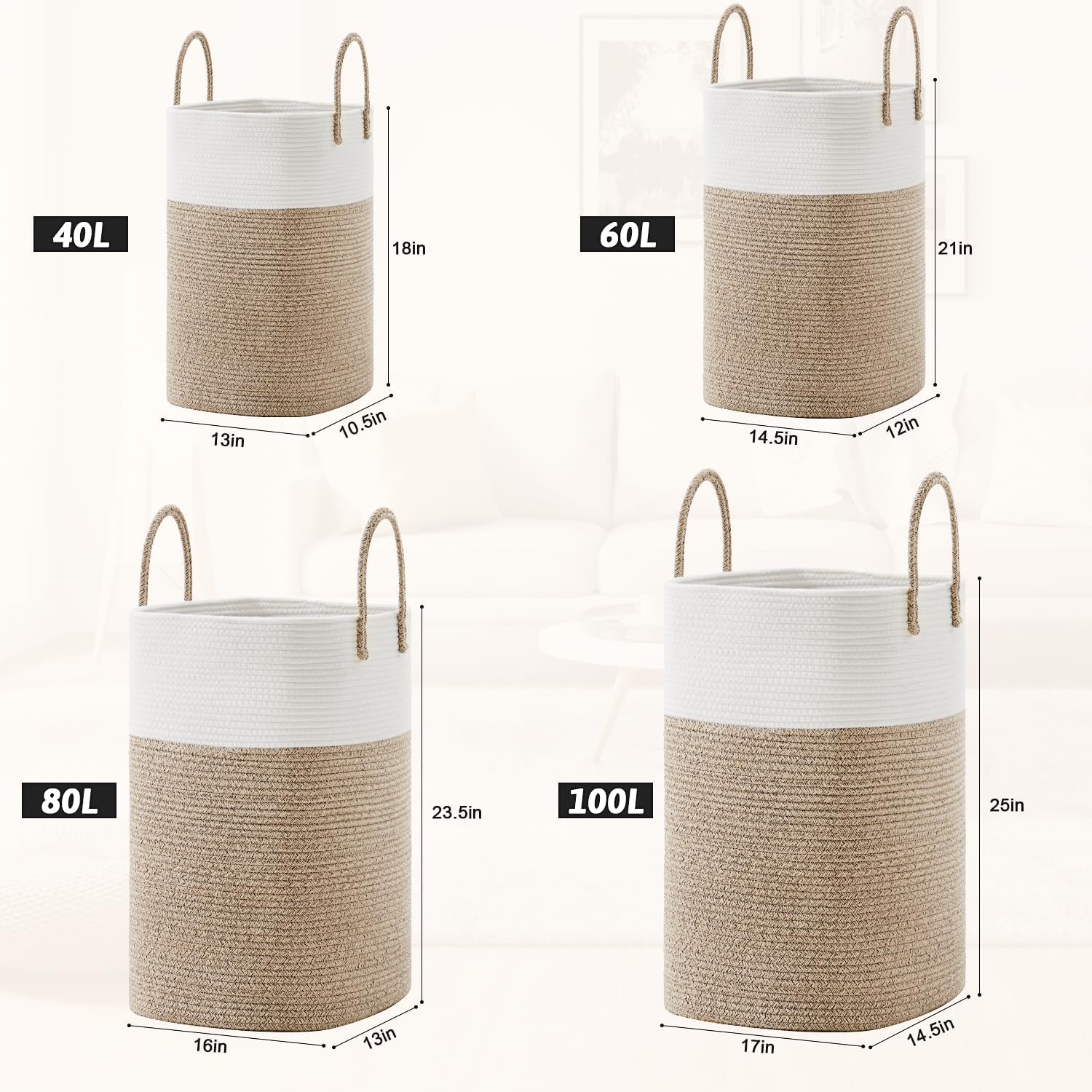 Stylish Woven Cotton Rope Laundry Basket - 60L Versatile Hamper for Clothes, Baby Toys & Blankets - Perfect for Bathroom, Nursery & Living Room
