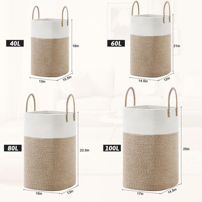 Stylish Woven Cotton Rope Laundry Basket - 60L Versatile Hamper for Clothes, Baby Toys & Blankets - Perfect for Bathroom, Nursery & Living Room