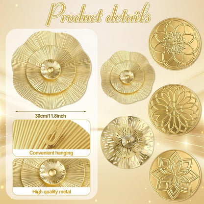 Stunning 5-Piece 12-Inch Gold Metal Flower Wall Art Set - Modern Home Decor for Living Room and Office