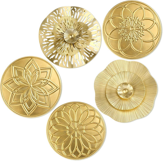 Stunning 5-Piece 12-Inch Gold Metal Flower Wall Art Set - Modern Home Decor for Living Room and Office