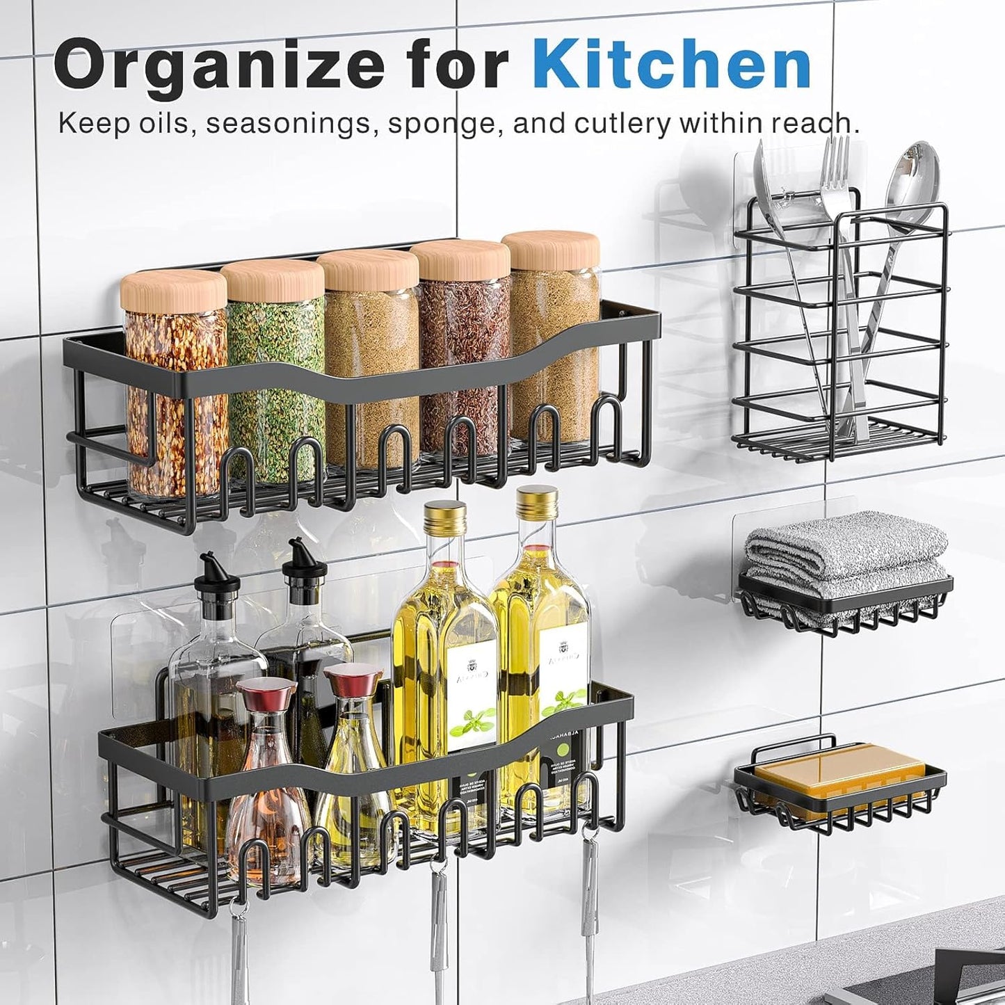 Rustproof Stainless Steel Shower Caddy Set - 5 Pack Adhesive Bath Organizers with Large Capacity, No Drilling Required for Effortless Bathroom Storage & Stylish Home Decor