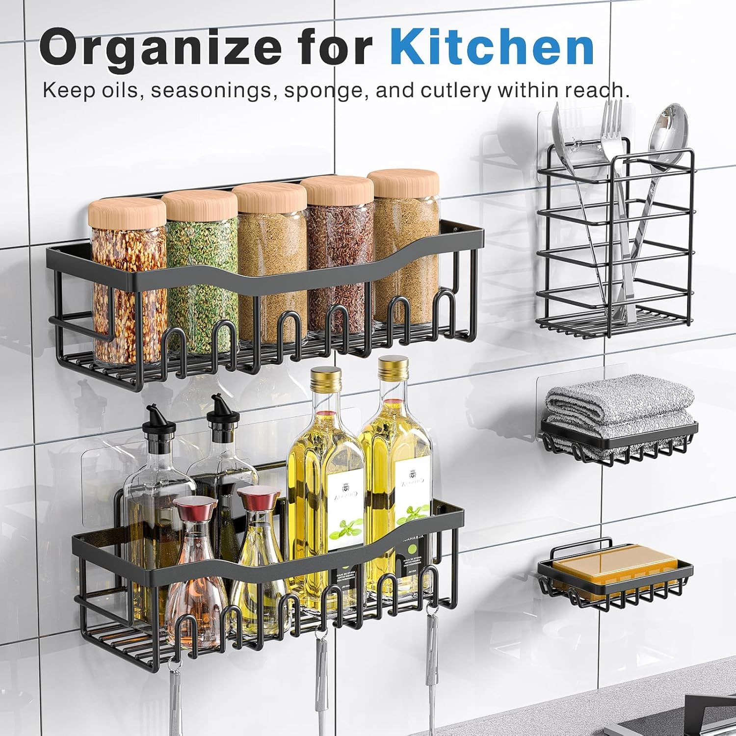 Rustproof Stainless Steel Shower Caddy Set - 5 Pack Adhesive Bath Organizers with Large Capacity, No Drilling Required for Effortless Bathroom Storage & Stylish Home Decor