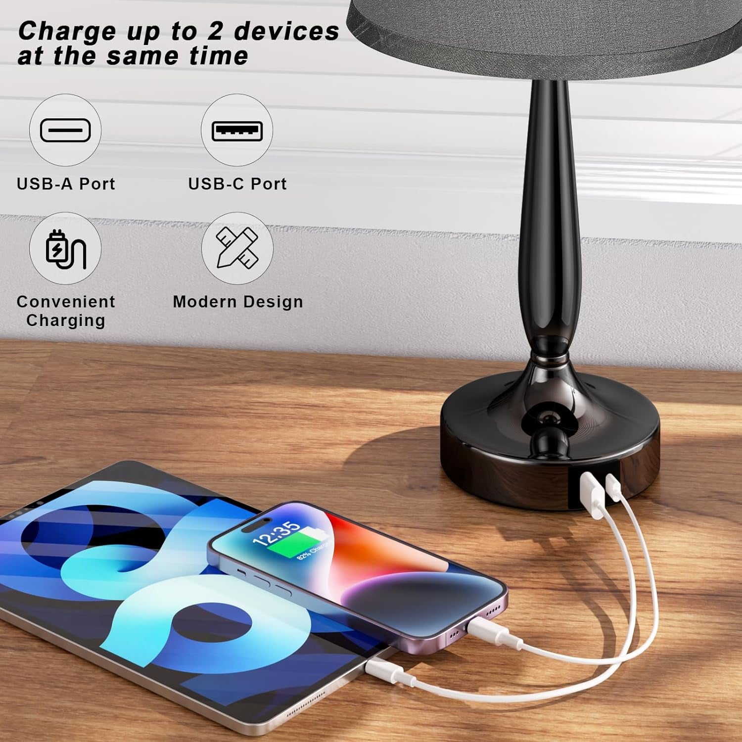 Touch Control Table Lamp with USB-C Charging, 3-Way Dimmable Nightstand Light for Bedroom, Living Room & Office - LED Bulb Included