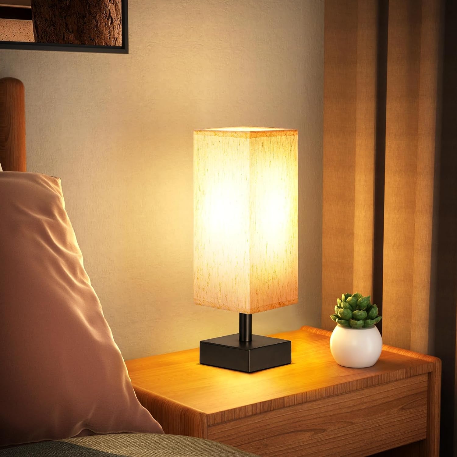 Minimalist Small Table Lamp - Stylish Bedside Light for Bedroom, Kids Room, and Office with Square Fabric Shade