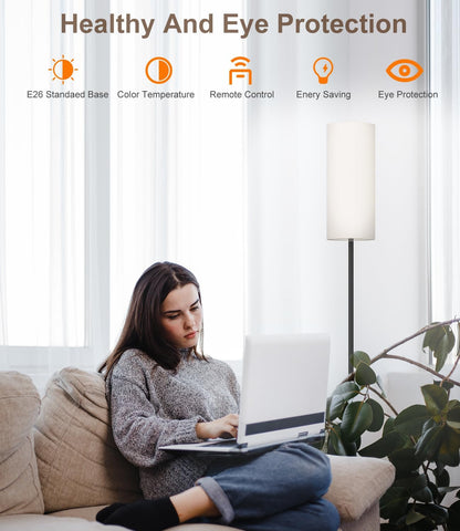 Dimmable LED Floor Lamp with Remote & Foot Switch - Custom Color Temperature Black Pole Lamp for Living Room, Bedroom, Office & Kids Room - 12W Tall Lampshade Included