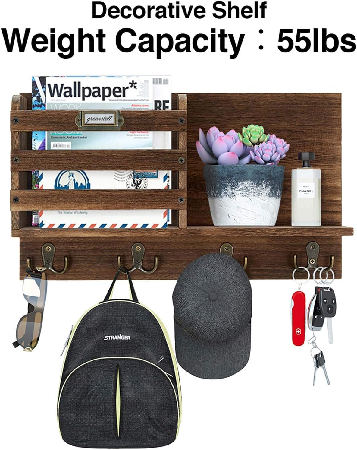 Stylish Rustic Wood Wall-Mounted Mail Organizer with Key Hooks - Large Size Entryway Decor in Dark Brown