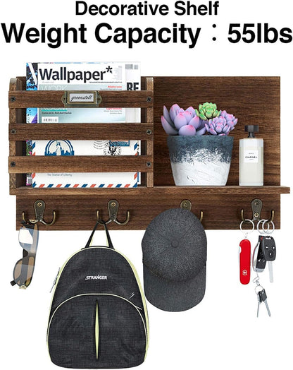Stylish Rustic Wood Wall-Mounted Mail Organizer with Key Hooks - Large Size Entryway Decor in Dark Brown