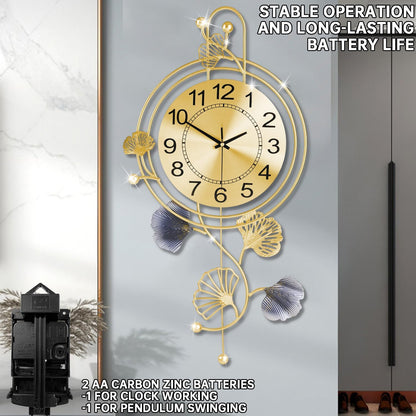 Elegant Silent Metal Wall Clock with Gold and Blue Leaves - Modern Design for Living Room, Bedroom, Office (25"x12") - Black Butterfly Accent
