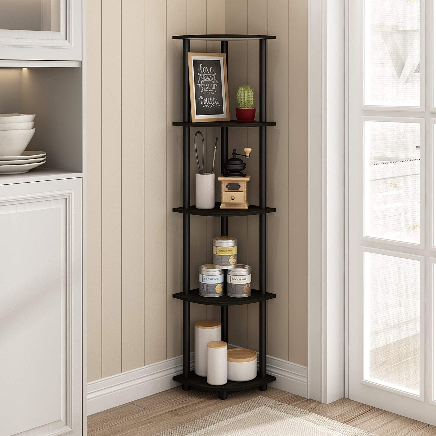 Stylish  5-Tier Corner Display Rack - Versatile Espresso/Black Shelving Unit
