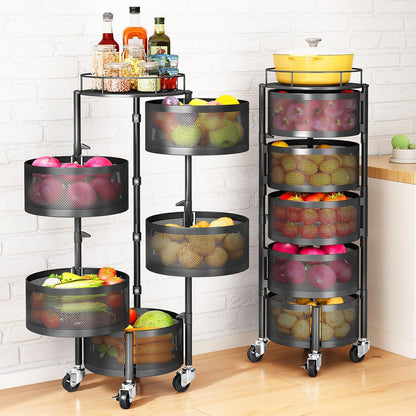 5-Tier Rotating Fruit and Vegetable Storage Rack with Metal Lid - Stylish Black Wire Basket Organizer on Wheels for Potatoes, Onions, Bread, and Bananas