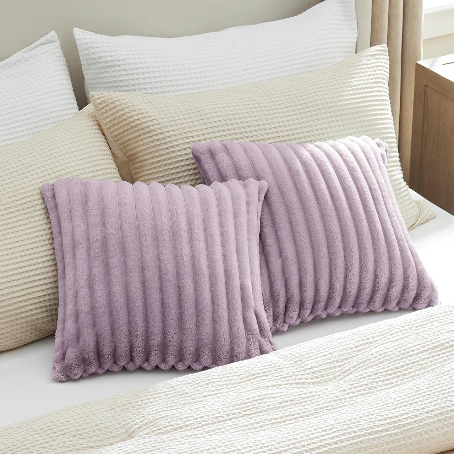 Light Purple Striped Throw Pillow Covers - Set of 2, 18x18 Soft & Cozy Cushions for Sofa, Couch, and Bed Decor