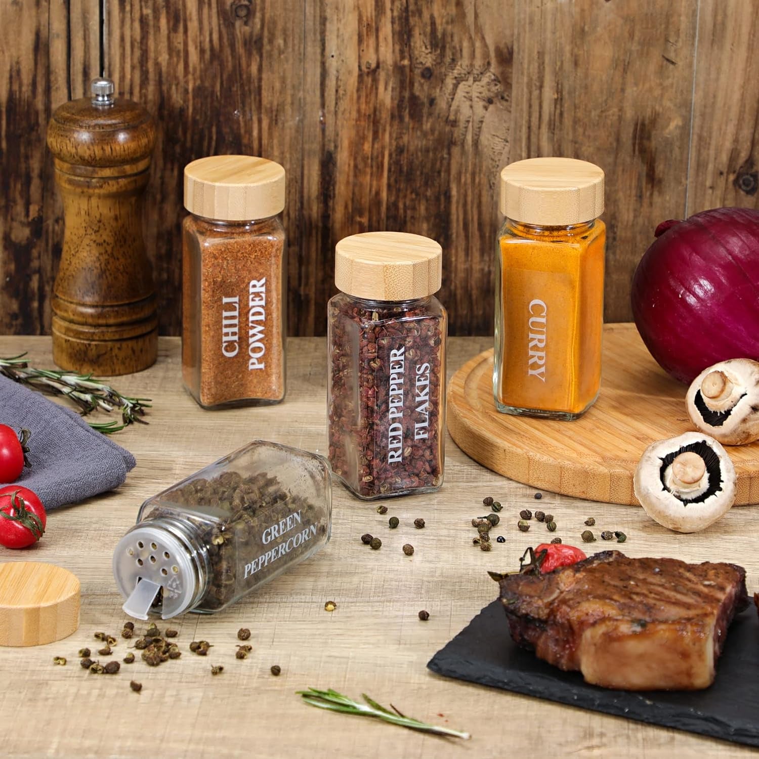24-Piece Glass Spice Jar Set with Bamboo Lids - 4 Oz Minimalist Jars, Spice Labels, and Collapsible Funnel for Stylish Kitchen Storage