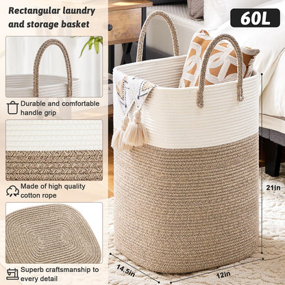 Stylish Woven Cotton Rope Laundry Basket - 60L Versatile Hamper for Clothes, Baby Toys & Blankets - Perfect for Bathroom, Nursery & Living Room
