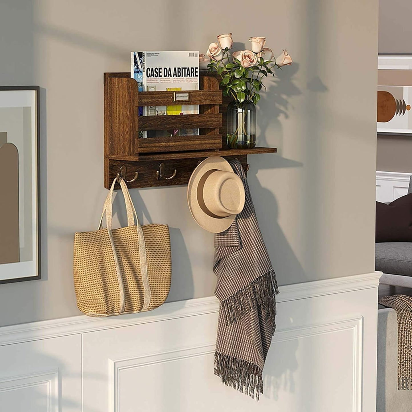 Stylish Rustic Wood Wall-Mounted Mail Organizer with Key Hooks - Large Size Entryway Decor in Dark Brown