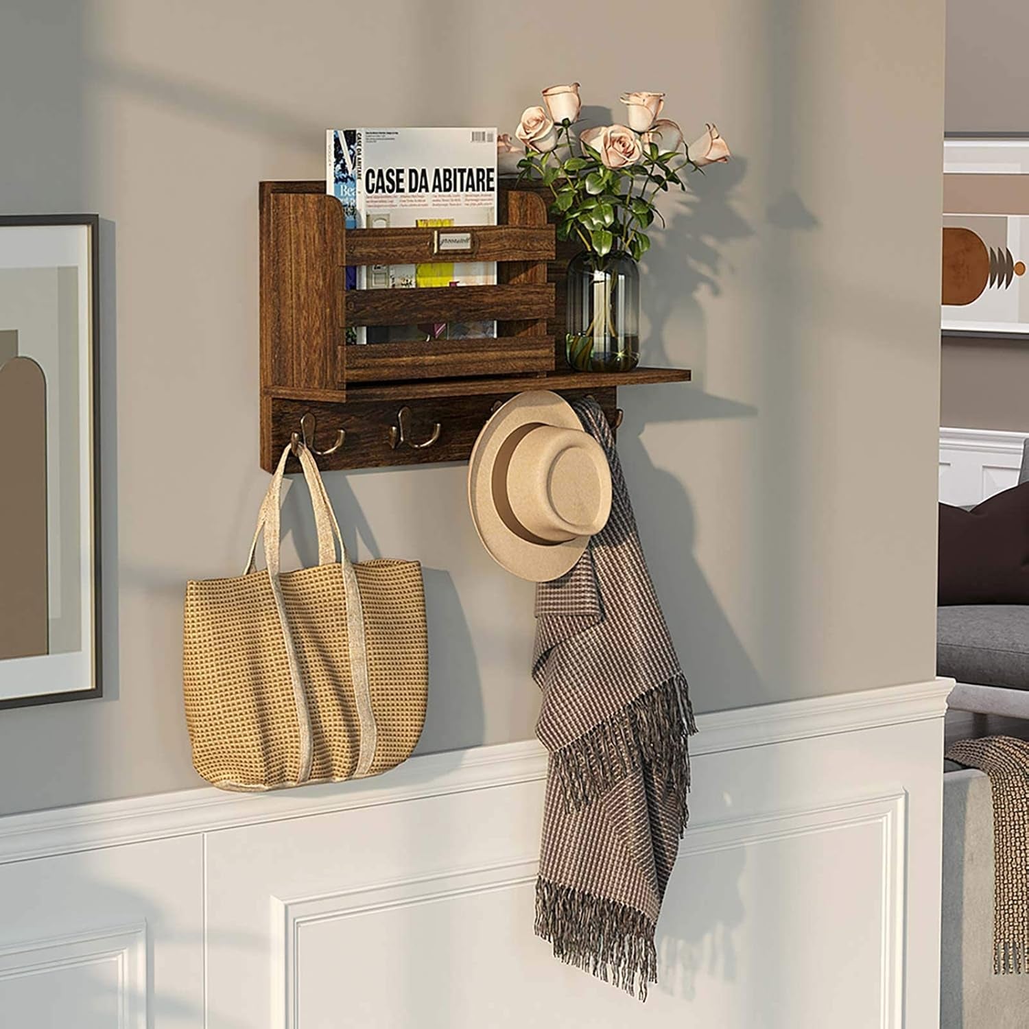 Stylish Rustic Wood Wall-Mounted Mail Organizer with Key Hooks - Large Size Entryway Decor in Dark Brown