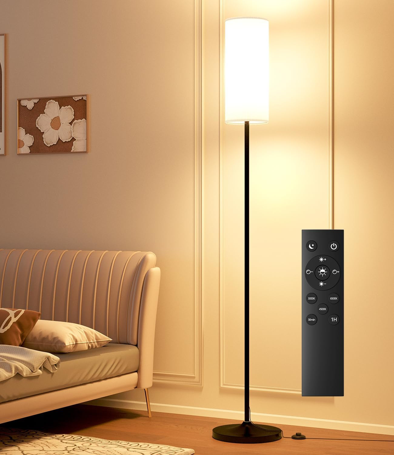 Dimmable LED Floor Lamp with Remote & Foot Switch - Custom Color Temperature Black Pole Lamp for Living Room, Bedroom, Office & Kids Room - 12W Tall Lampshade Included
