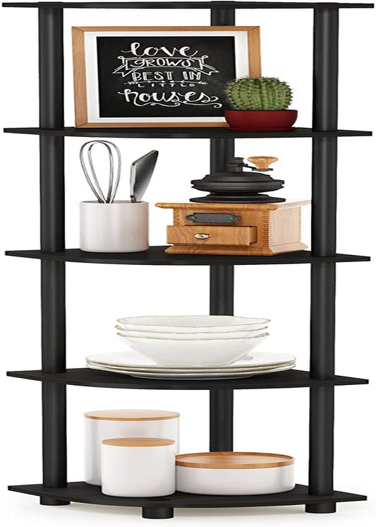 Stylish  5-Tier Corner Display Rack - Versatile Espresso/Black Shelving Unit