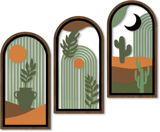 Chic Boho Cactus Wall Art Set - Modern Minimalist Decor for Living Room, Bedroom & Office - 16x8 Mid Century Green Abstract Prints (Set of 3)