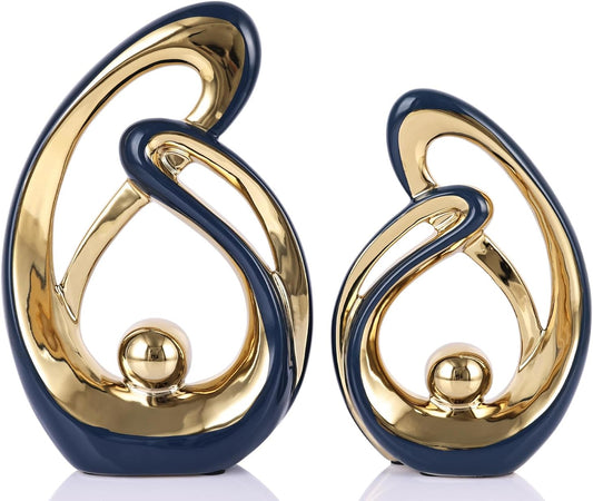 Modern Blue and Gold Abstract Ceramic Statues - Elegant Home Decor Set of 2 for Living Room, Dining Table Centerpieces, and Entryway Accents
