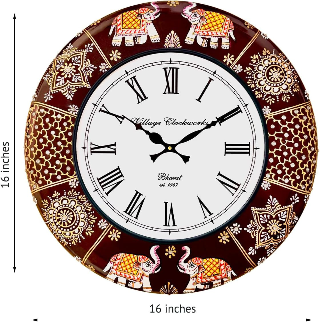 Handcrafted Rajasthani Elephant Wall Clock - Vintage Wooden Design for Living Room, Bedroom & Office - 16 Inch Silent Sweep Movement [KTWC191]