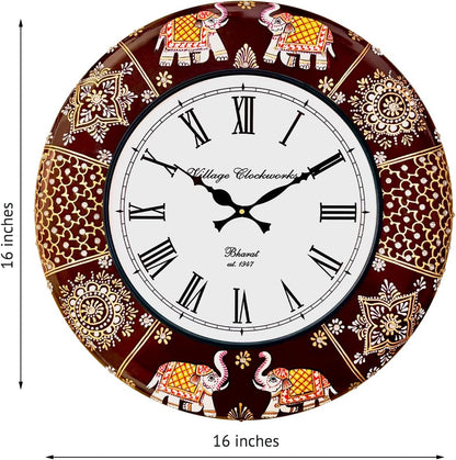 Handcrafted Rajasthani Elephant Wall Clock - Vintage Wooden Design for Living Room, Bedroom & Office - 16 Inch Silent Sweep Movement [KTWC191]
