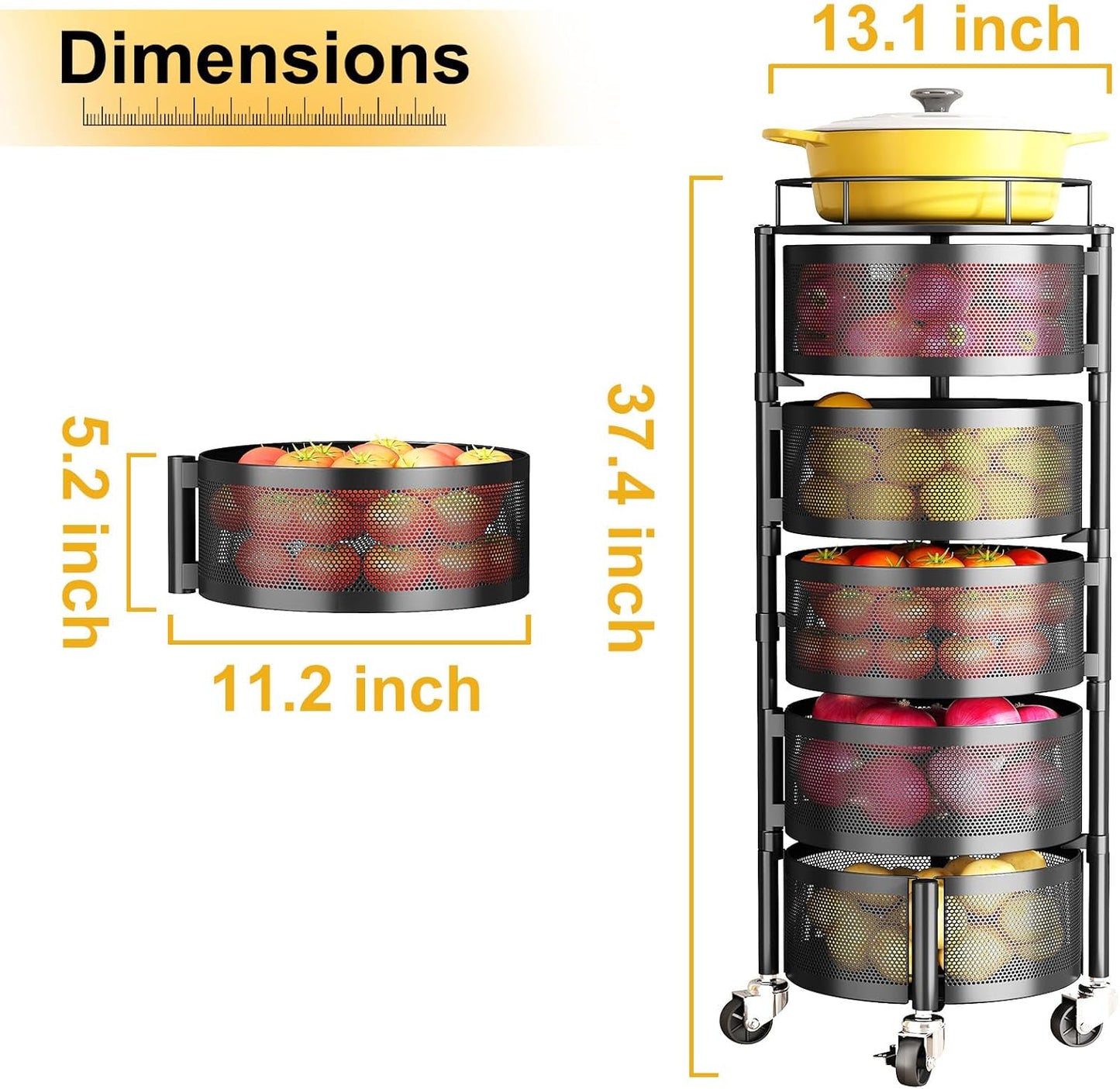 5-Tier Rotating Fruit and Vegetable Storage Rack with Metal Lid - Stylish Black Wire Basket Organizer on Wheels for Potatoes, Onions, Bread, and Bananas