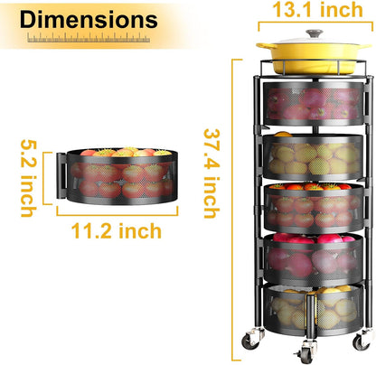 5-Tier Rotating Fruit and Vegetable Storage Rack with Metal Lid - Stylish Black Wire Basket Organizer on Wheels for Potatoes, Onions, Bread, and Bananas