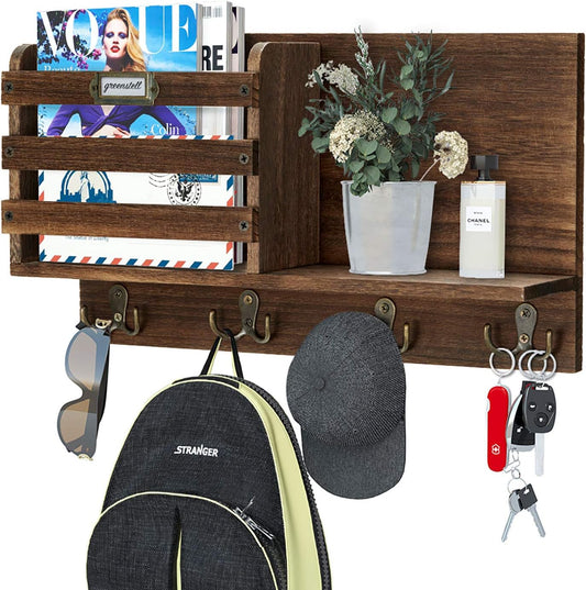 Stylish Rustic Wood Wall-Mounted Mail Organizer with Key Hooks - Large Size Entryway Decor in Dark Brown