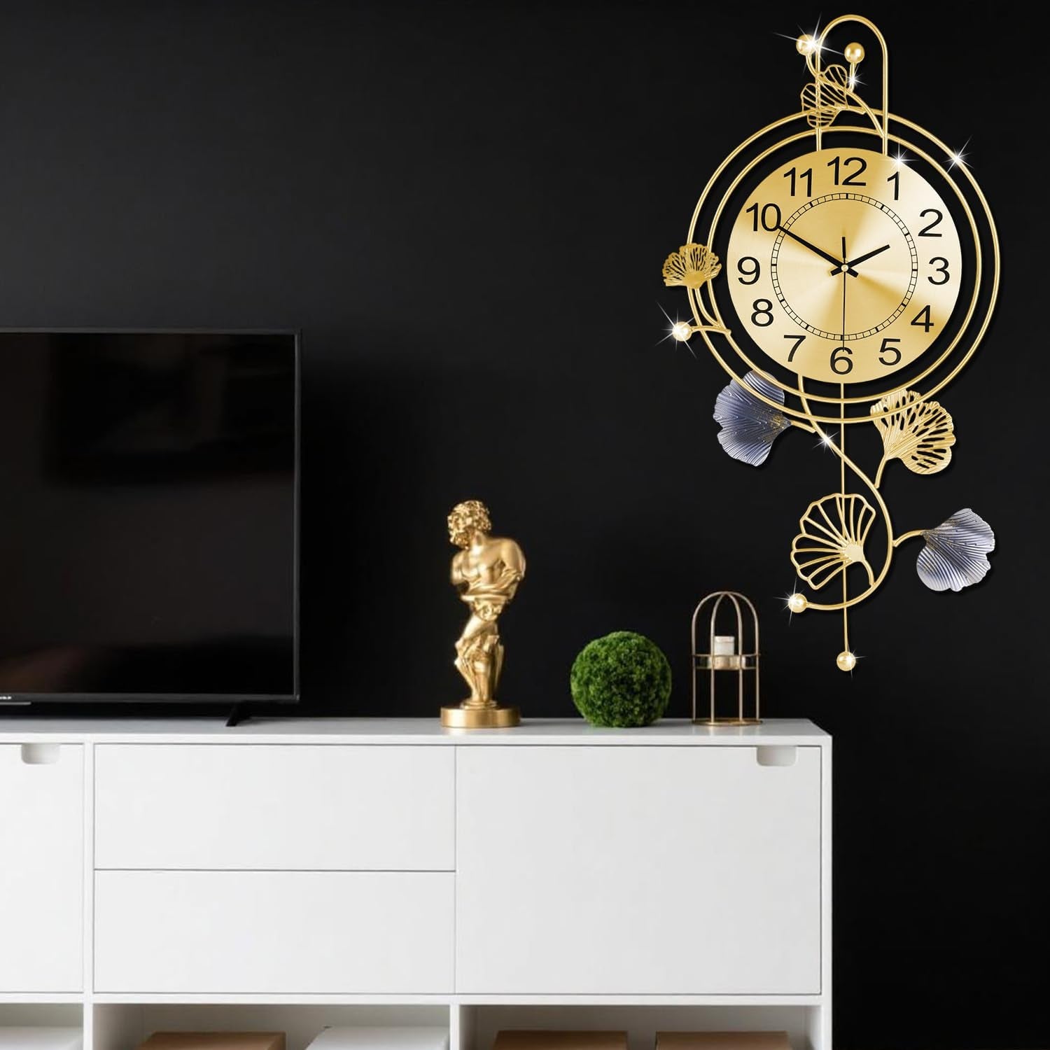 Elegant Silent Metal Wall Clock with Gold and Blue Leaves - Modern Design for Living Room, Bedroom, Office (25"x12") - Black Butterfly Accent