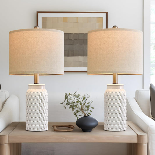 Set of 2 Stylish 20.5" White Modern Ceramic Bedside Lamps - Perfect for Bedroom, Living Room, or Office Decor