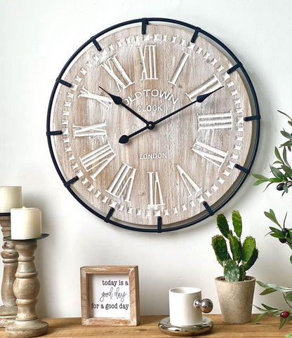Rustic 24-Inch Farmhouse Wall Clock - Antique Wood & Metal Design with Large Engraved Numerals, Silent Battery Operated for Office, Kitchen, Bedroom & Living Room
