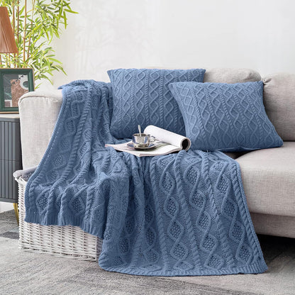 Cozy Dusty Blue Cable Knit Throw Blanket & Pillow Set - Soft Decorative Couch & Bed Essentials (50"x60" Blanket + 2 Pillow Covers)