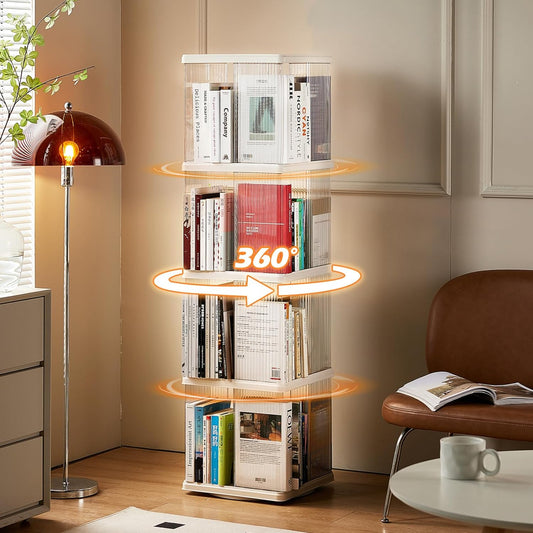 Compact 4-Tier Rotating Bookshelf - Perfect Corner Organizer for Small Spaces, 360-Degree Display Bookcase for Bedroom and Living Room