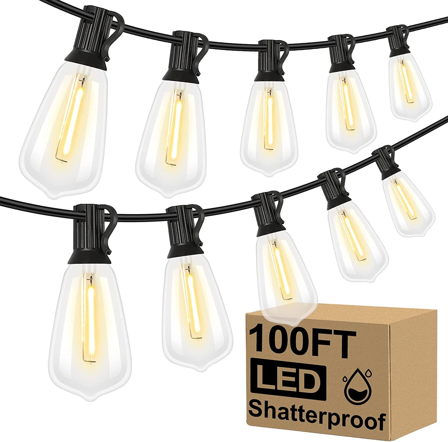 100FT LED Outdoor String Lights - 52 Shatterproof Vintage Edison Bulbs, Waterproof & Dimmable for Patio, Garden, Deck, and Balcony